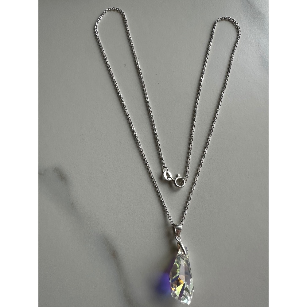 Sterling Silver 925 Aurora Borealis Iridescent Crystal Faceted Pendant Necklace